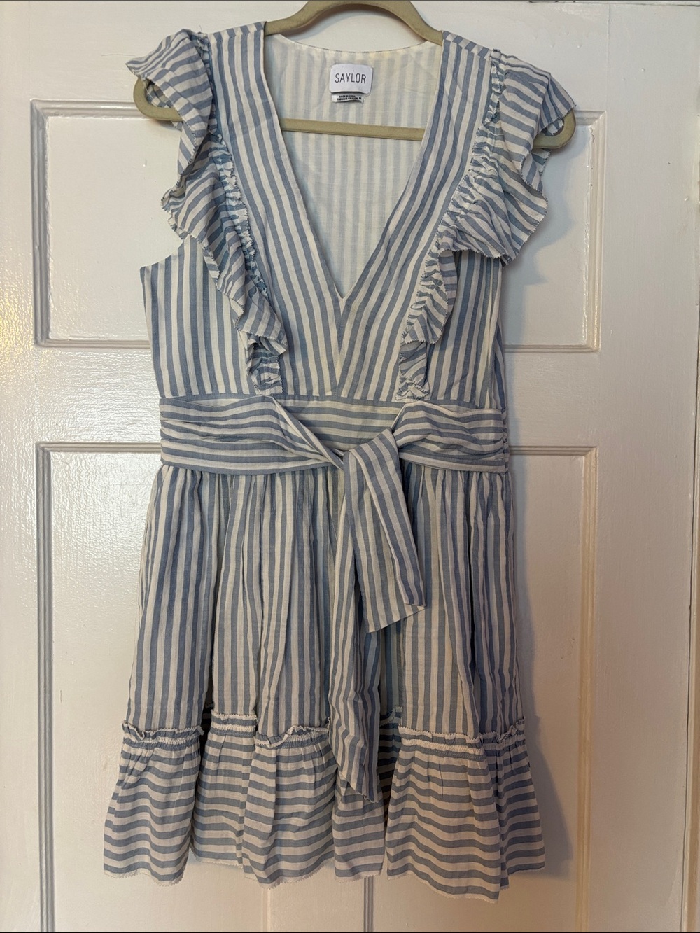 SAYLOR Blue and White Striped Ruffle Tie-Waist Mini Dress